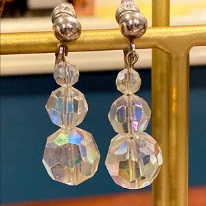 Silver Tone Aurora Borealis Crystal Dangle Earrings. Clip Backs.